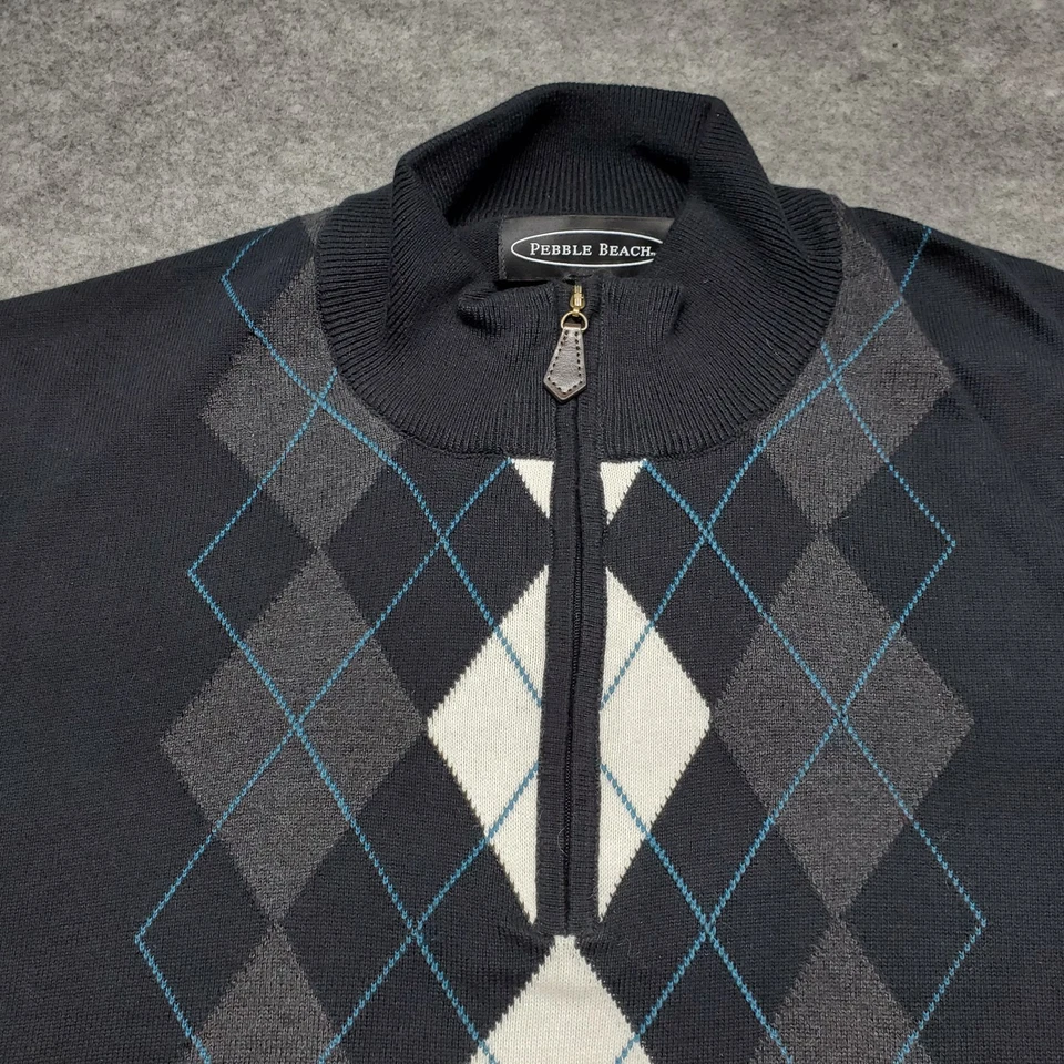 Camisa de Playa Pebble Para Hombre Talla Grande Negra Argyle 1/4 Cremallera Suéter Pullover Foto 4 de 4
