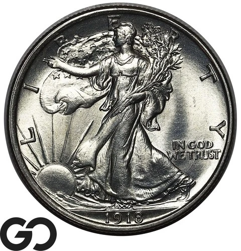 1918 Walking Liberty Half Dollar, Hard To Find This Nice Lustrous Solid Gem BU++