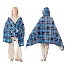 Electric Blanket Wearable Heated Shawl with Hood  Pockets   6 Heat Short Blue