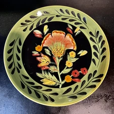 222 Fifth Arabian Flower Salad Plate 8”Hand Painted Ceramic Green Black Floral