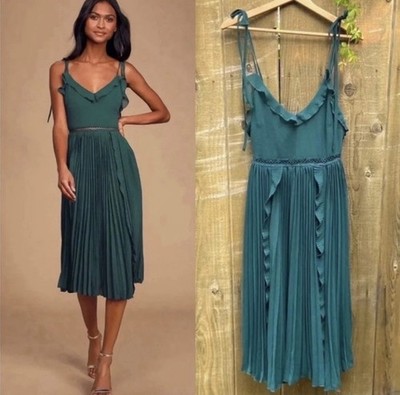 Lulus Green Ruffle Pleated Chiffon Midi Dress Strappy V-Neck Fit & Flare  Size S | eBay