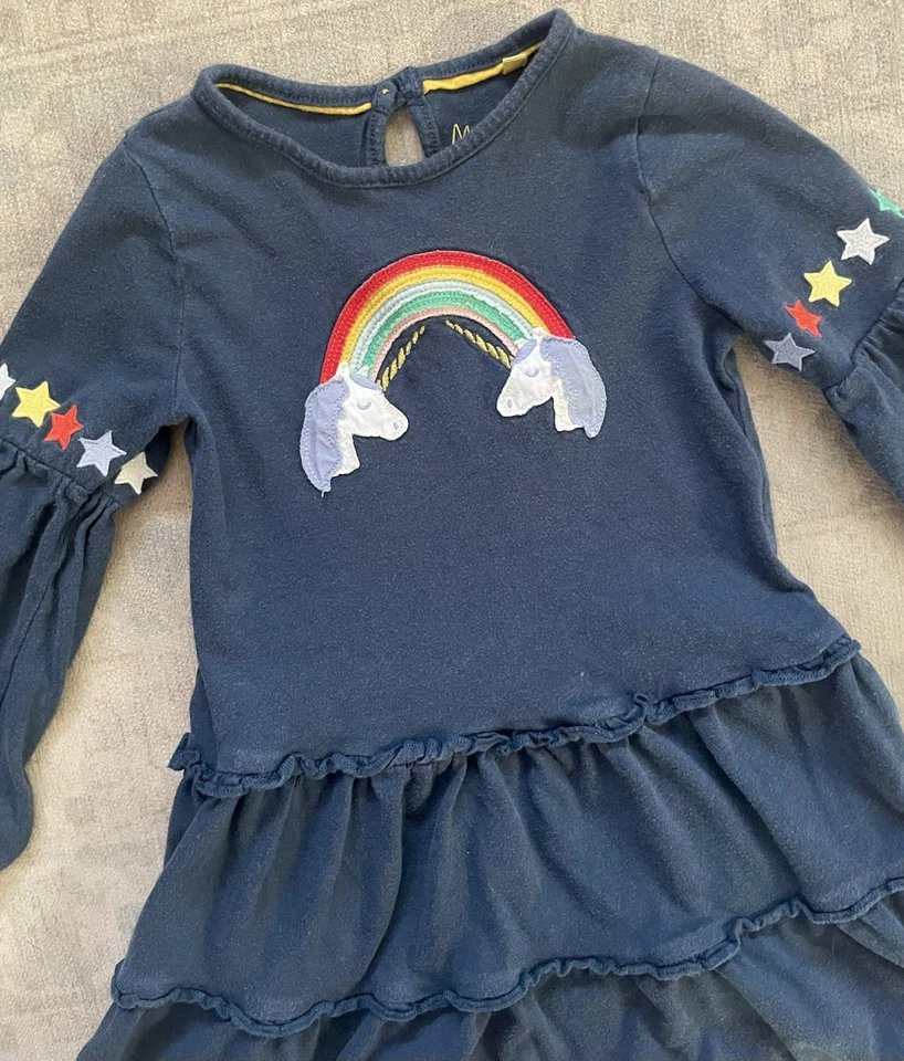 Mini Boden Navy Rainbow Unicorn Appliqué Long Sleeve Tiered Dress Size 4-5Y - Image 2 of 4
