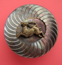 Antique Carved Shell Button Leaping Stag Buck Deer Brass Escutcheon