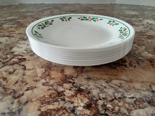 Set of 8 Corelle Christmas Winter Holly Bread Dessert Plates 6 3/4" Green Band
