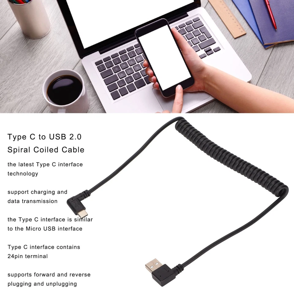 Type C To USB 2.0 Spiral Coiled Cables Ultra Thin 480Mbps USB Extension Cabl NEW - Photo 3/4