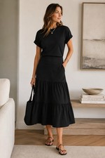 Veronica Beard Black Tiered Midi Dress Womens L Drop Waist Minimalist