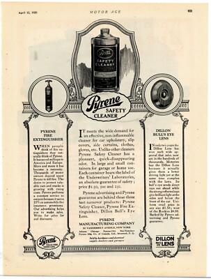 1920 Pyrene Mfg. Co. Ad: Safety Cleaner, Dillon Bull's Eye, Fire Extinguisher NY