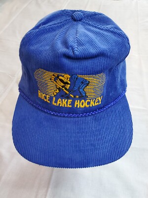 Vintage 80s Blue Corduroy Rice Lake Hockey Adjustable Hat Otto Cap Wisconsin