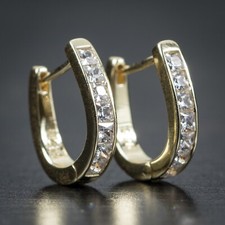 Iced One Row Cz 14K Gold Plated 925 Sterling Silver Men's Huggie Hoop Earrings