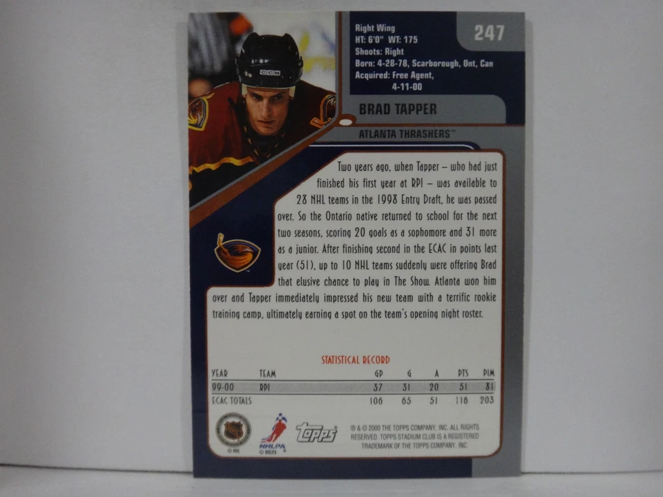 2000-01 Topps Stadium Club Brad Tapper #247 Rookie RC - Image 2 of 2