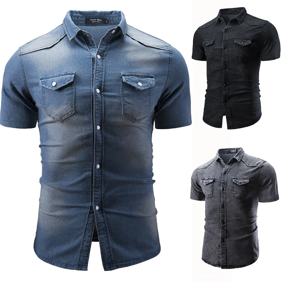 Mens Denim Shirts Short Sleeve Luxury Casual Slim Washed Cotton Multicolor Shirt - Image 3 of 4