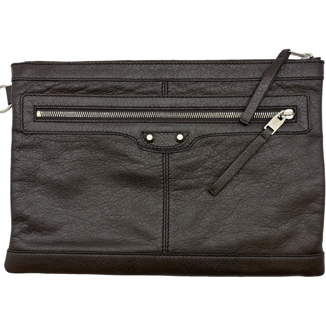 Authentic BALENCIAGA Clas. Clip M Clutch Bag 273022 Brown Leather