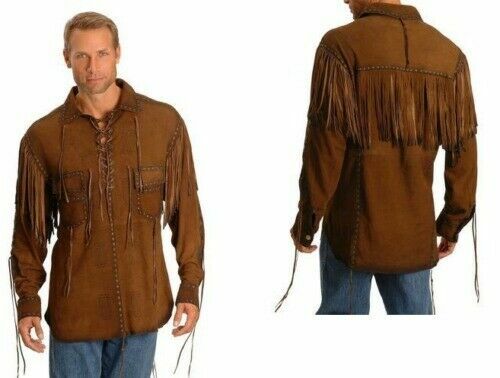 Camicia uomo con frange da uomo Western marrone pelle scamosciata pelle scamosciata da montagna MS-108 - Foto 3 di 3