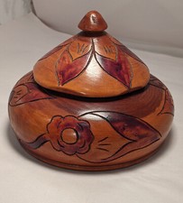 Turned Wood Lid Bowl Hand Carved Stained Tropic Flora Design 6 x 4.5 in
