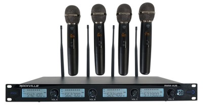 Rockville RWM-4US Quad Wireless UHF 4 Microphone System w/Adjustable Frequency
