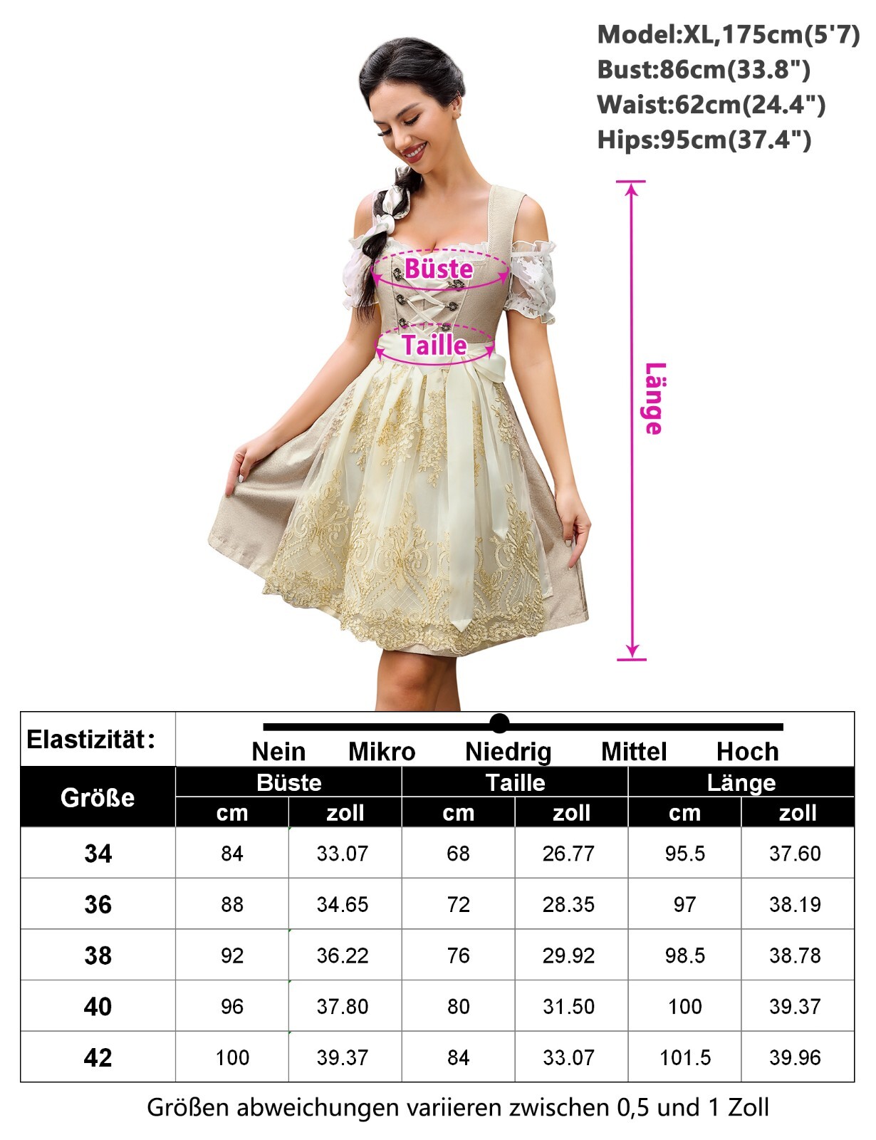 Dirndl Damen Midi Trachtenkleid 3-teilig - Oktoberfest Kleid Mit Bluse & Schürze