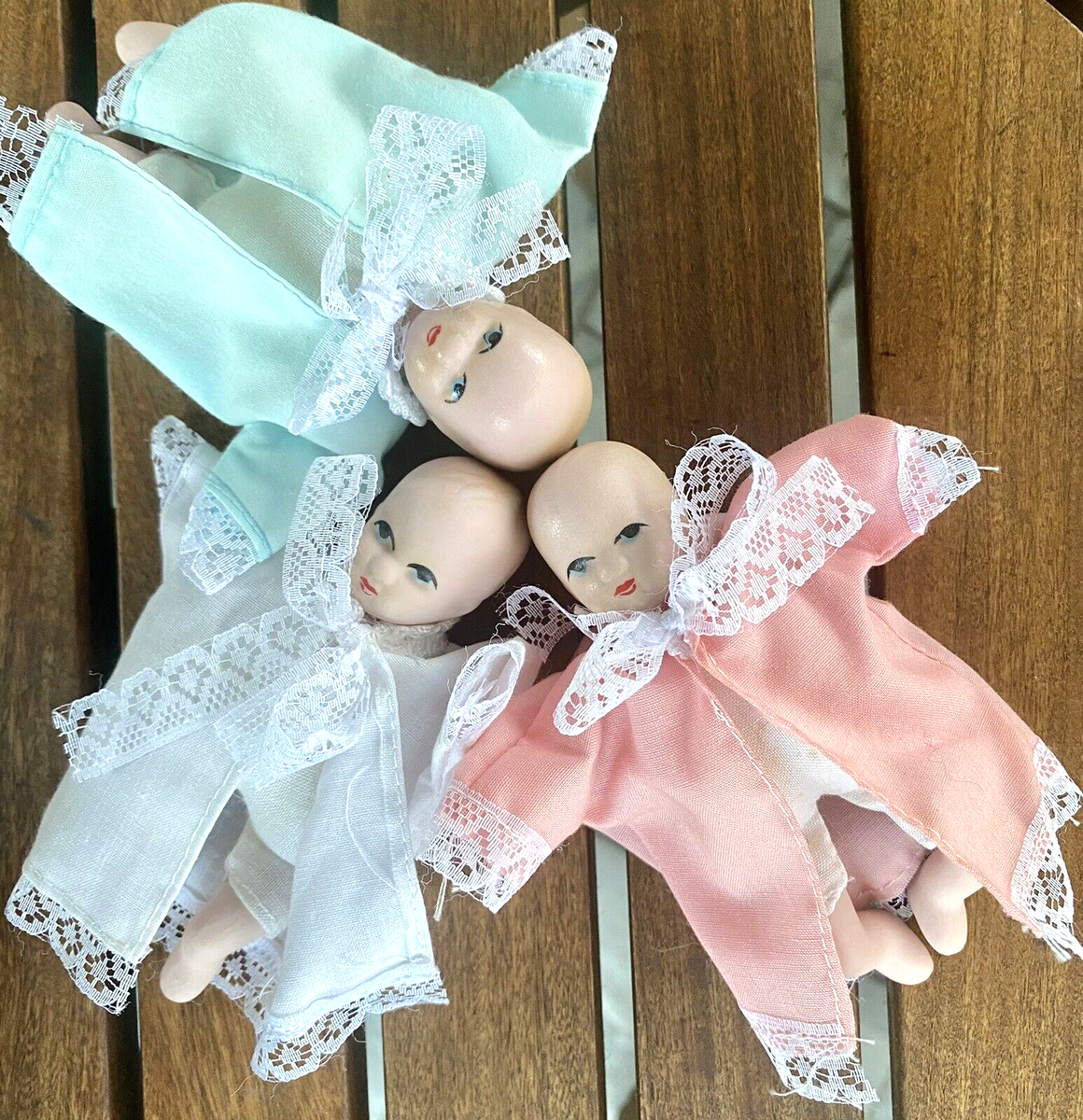 VTG ANTIQUE BISQUE BABY DOLLS TRIPLETS HANDMADE LACE OUTFITS