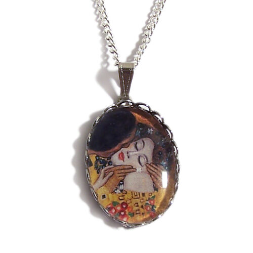 THE KISS necklace romantic Gustav Klimt silver love art painting boho whimsical - Picture 1 of 3