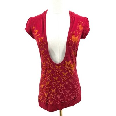 Y2K Deep Plunge Tunic Top Butterfly Print Red Burgundy Cotton Boho Festival L