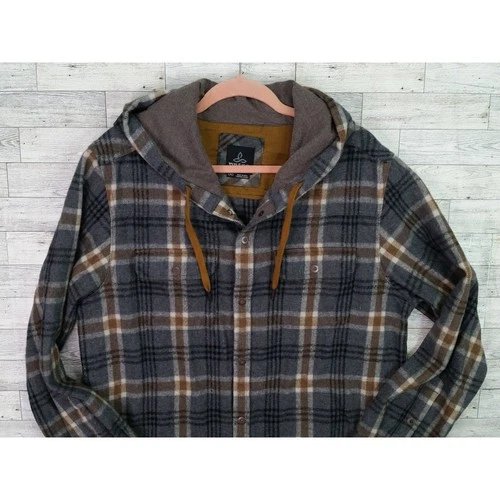 PrAna Asgard Men's L Gray Brown Plaid Hooded Flannel Jacket Snap Front image 4
