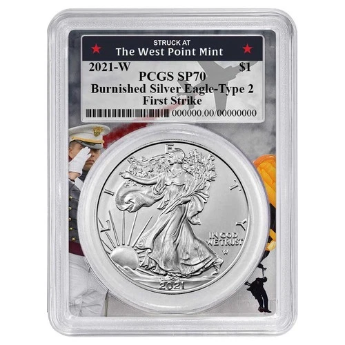 2021-W Burnished $1 Type 2 American Silver Eagle PCGS SP70 FS West Point Frame