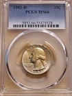 1953 D🔥Washington 90% Silver Quarter🔥PCGS MS66 - GEM BU - US Collector Coin!!!