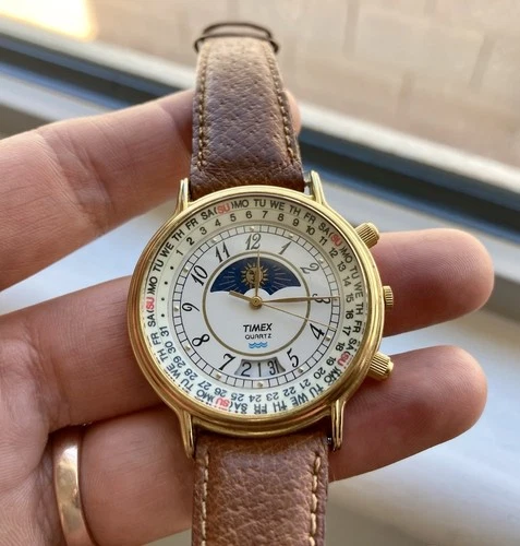 Vintage Timex Moon Phase Calendar Mens Gold Watch White Dial Japan Movement