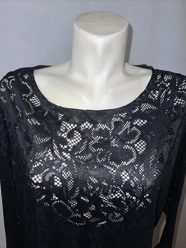 New Jessica Simpson Top Plus Size 3X Black Lace Mesh Long Sleeve Blouse w/Lining - Image 2 of 4