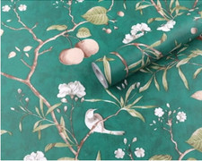 Green Teal Floral Sticky Back Plastic Floral Bird Tree Fablon Art Deco 5m Roll
