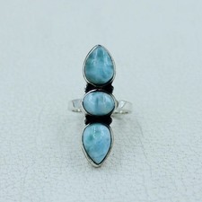 Natural Blue Larimar Ring 925 Sterling Silver Statement Ring Three Stone Ring