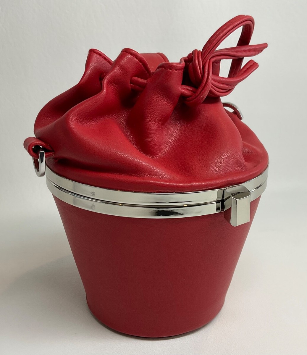 TopShop Top Shop Red faux leather Drawstring Bucket Bag silver