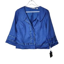 NWT Mandarine Blue Linen Cropped Button Front Blazer Jacket Size Medium Career
