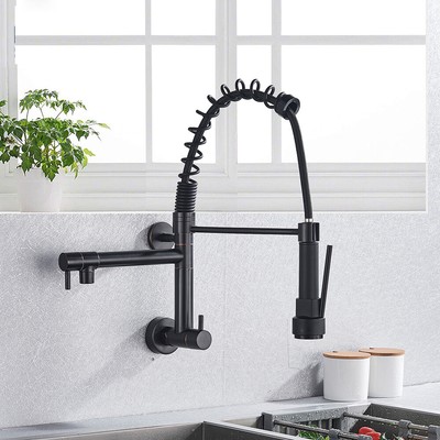 Wall Mounted Kitchen Sink Faucet Pull Down Sprayer Swivel Spout