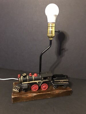 Antique Metal Train Engine & Car No.50 w/ Wooden Base NightLight/Day Lamp