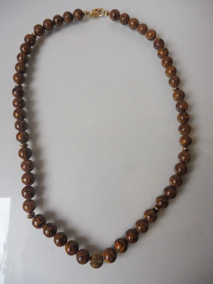 Bella Collana Marrone Mottled In Pietra - Sfere Con 925 Argento Placcato - Immagine 2 di 4