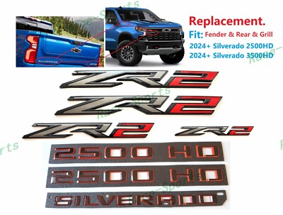 2024+Gloss Black Red Fender Rear Grille ZR2 2500HD Emblems Chevy Silverado 2500
