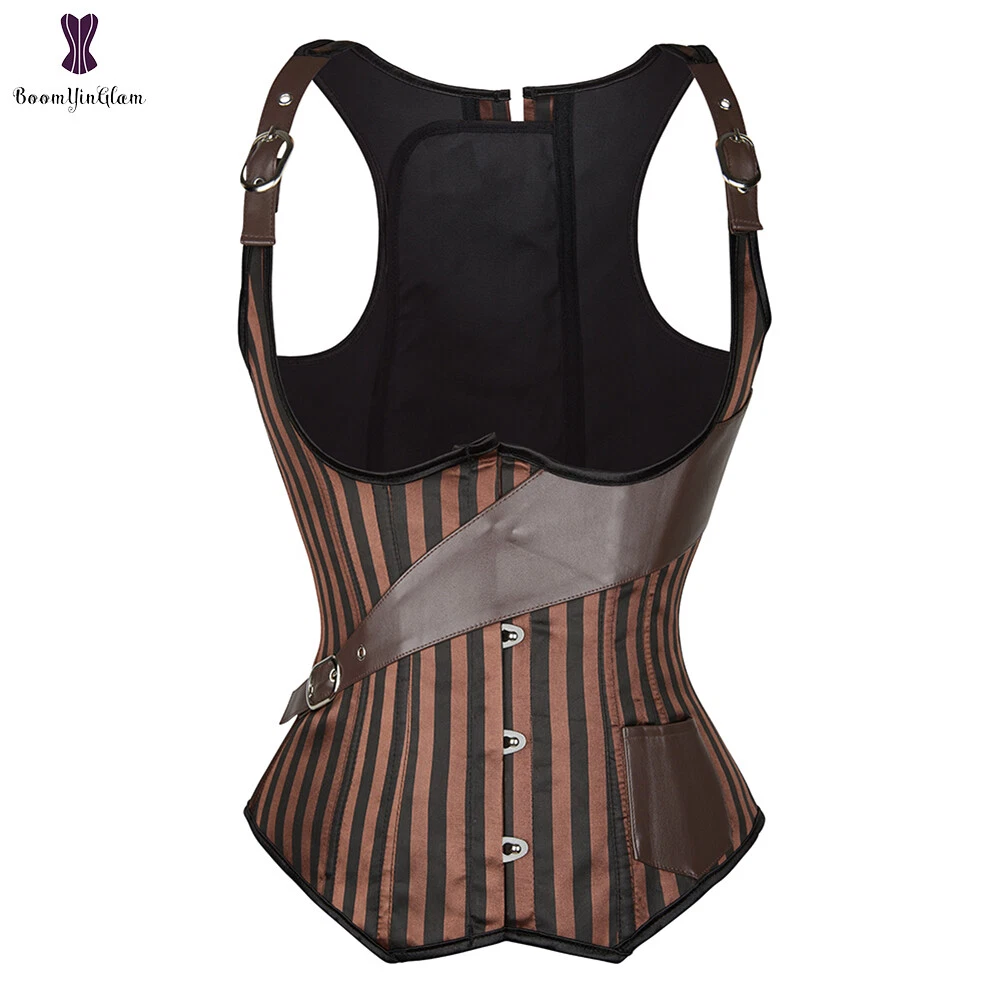 Steampunk Underbust Corset Vest Women Leather Spliced Striped Corset Bustier Top Waist Trainer Corsets Burlesque Pirate Costume