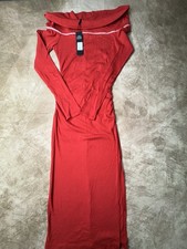 Fashion Nova Red Ribbed Knit Bodycon Loose Neck Long Sleeve Midi Dress Small NWT