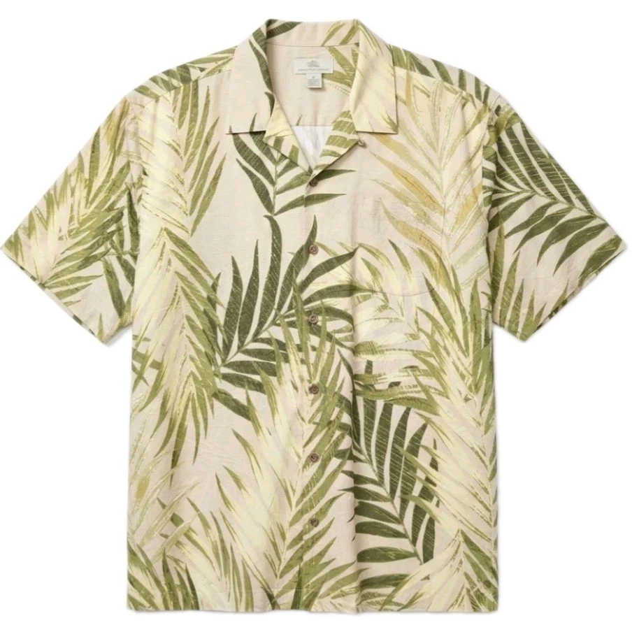 Tommy Bahama Washable Silk Hawaiian Shirt Mens XL Tan Yellow Green Tropical