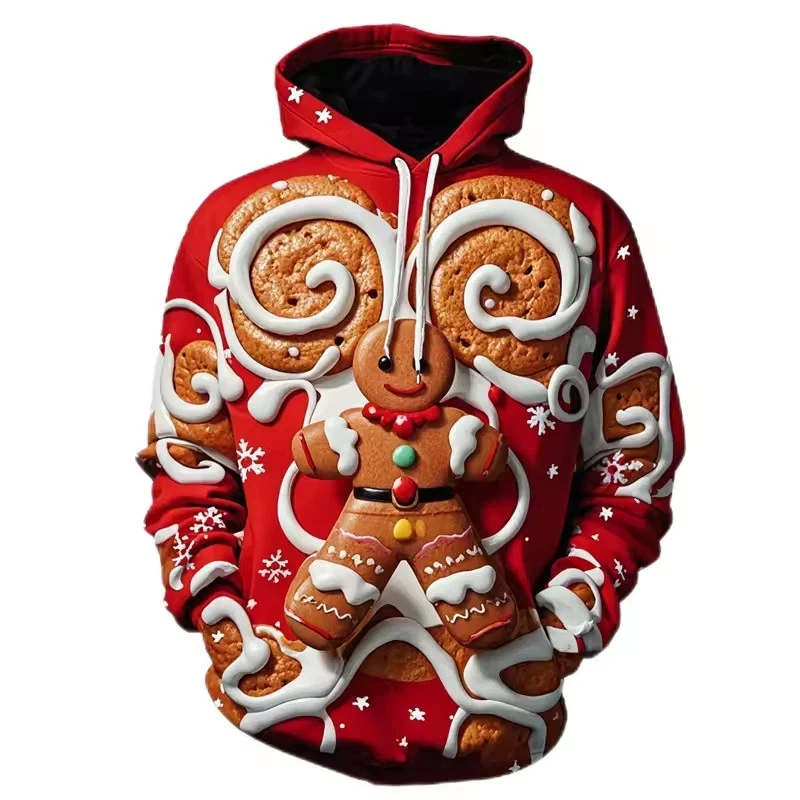3D Gingerbread Man Hoodie Christmas Cookie Unisex Funny Holiday Sweatshirt
