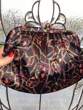 Women's Satin Black Kiss Lock Clutch Pleated Lined Gold Hardware Chain Strap