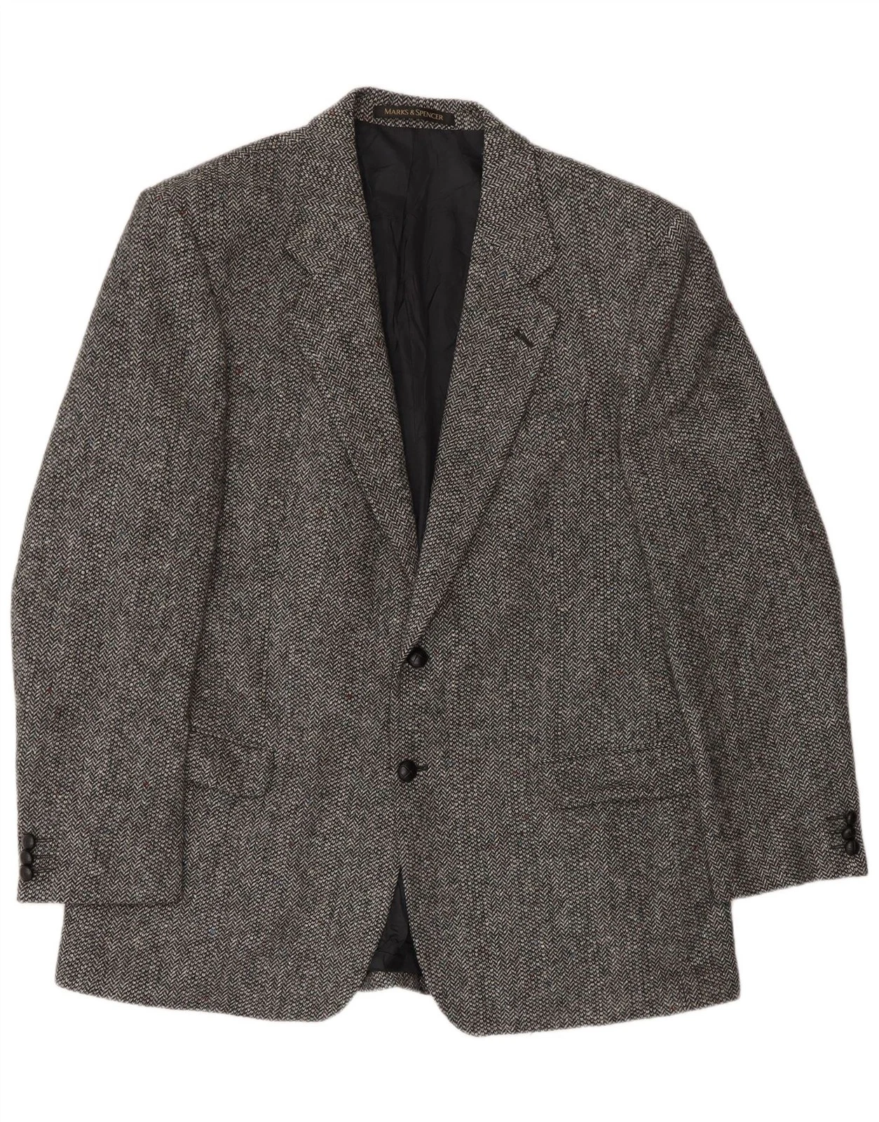 Marks & Spencer Mens 2 Button Blazer Jacket UK 44 XL Grey Herringbone Wool AH01