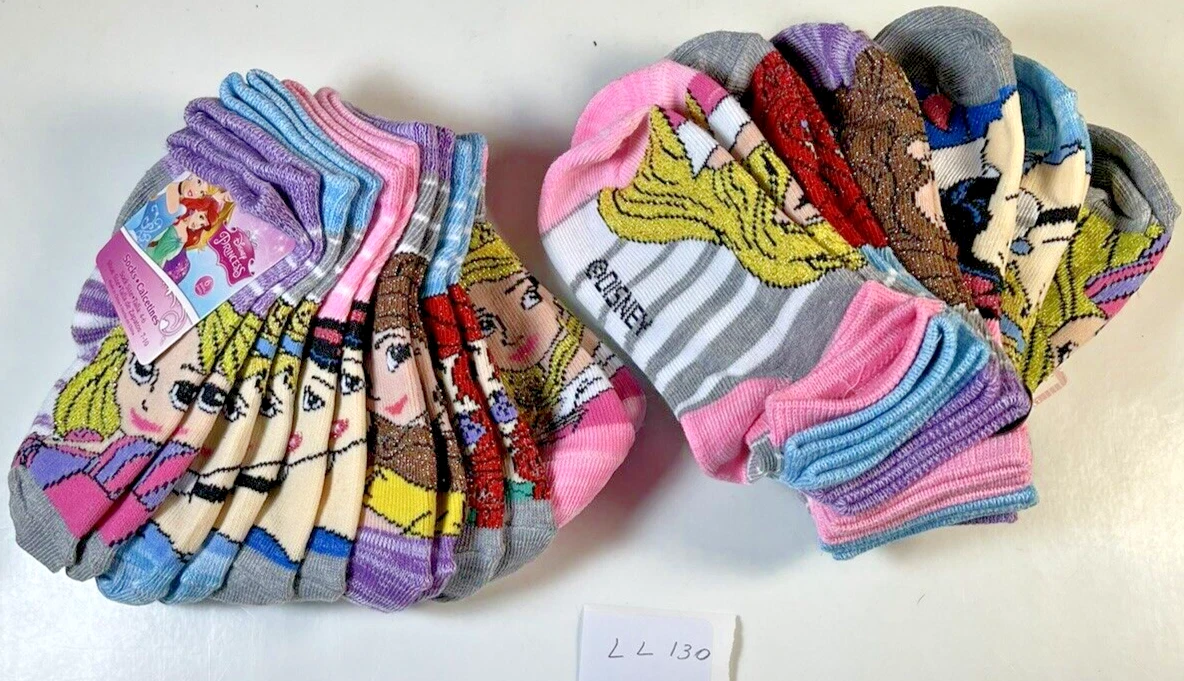 12 PAIRS GIRLS DISNEY PRINCESS MULTICOLOR NO SHOW & ANKLE SOCKS SIZE 4-6 LL130