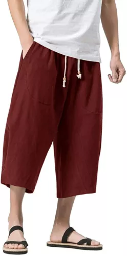 Pantalones capri holgados harén calce suelto cintura elástica 3/4 algodón lino para hombre - Imagen 12 de 24