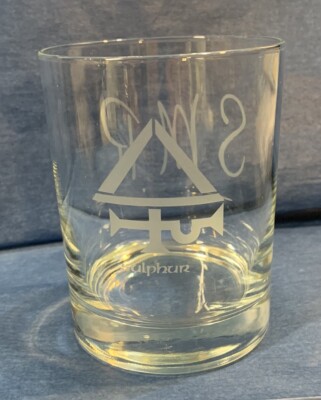 Sulfur Alchemical Symbol Etched Old Fashioned Clear Glass Vintage MCM READ