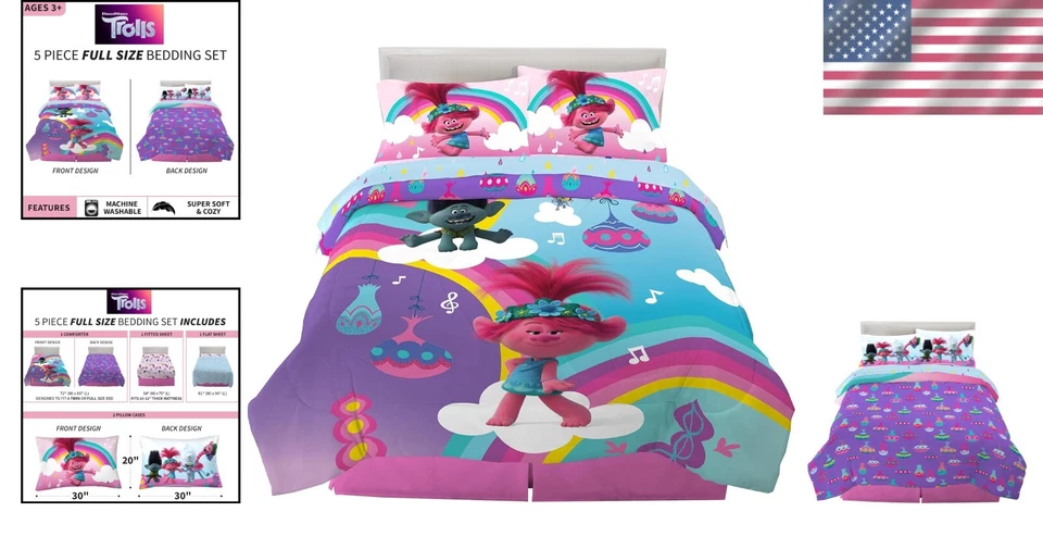 Trolls World Tour 5-Piece Full Size Bed Set - Super Soft Microfiber Comforter - Image 2 of 4