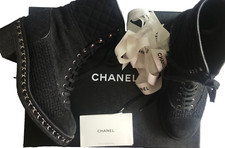 Chanel Boots UK5 39 25cms Chanel Combat Boots  Black Tweed  Chain RRP£1450