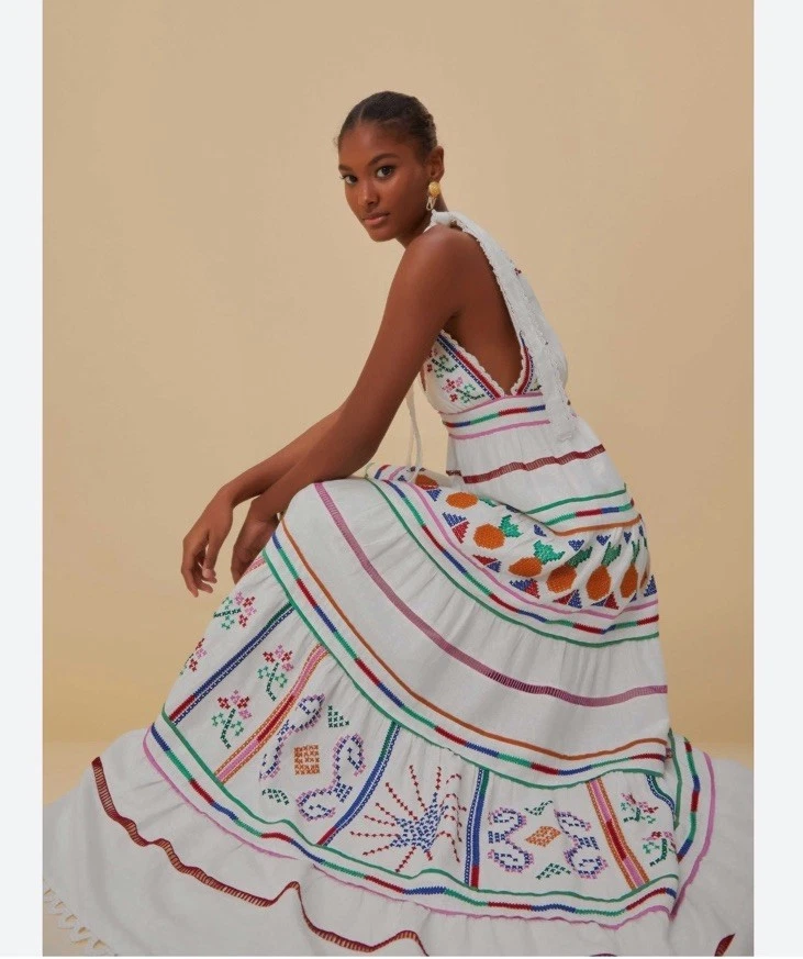 Maxi Vestido Farm Rio Bordado Lino Niveles Talla M Coastal Resort Boho Chic Arte Foto 2 de 4