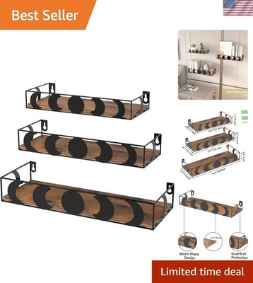 Unique Moon Phase Floating Shelves Set - Boho Style Wall Decor for Small Items