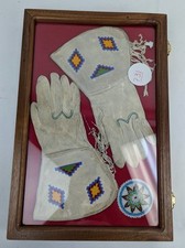 Vintage Native American Leather Beaded Gauntlets Gloves w/Fringe - Women's